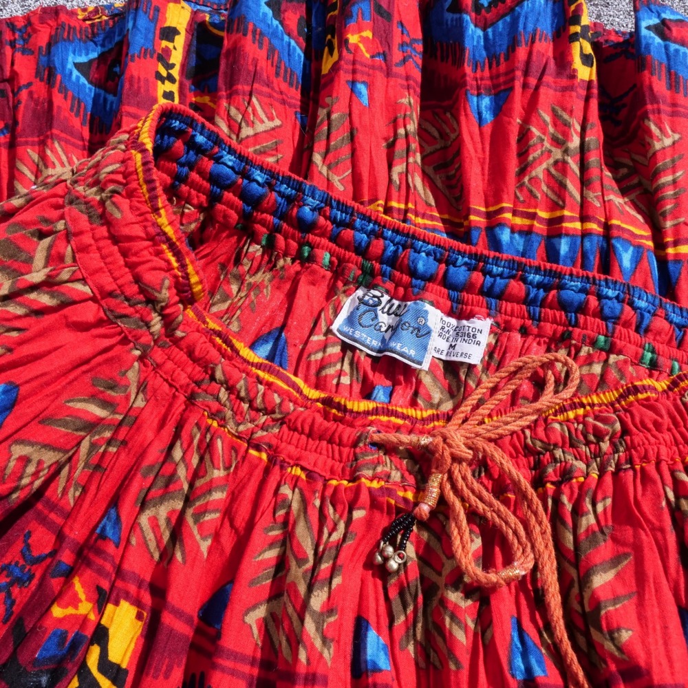 90s southwest‎ print crinkle pleated cotton western skirt - Picture 4 of 8